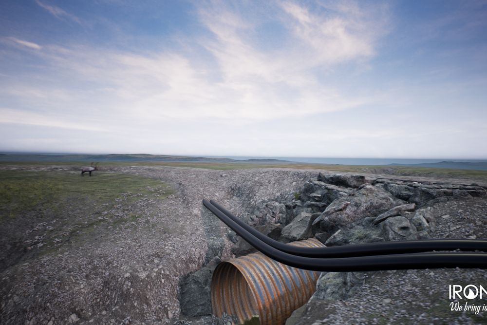 3D render of a corrugated culvert discharging beneath a rock embankment on open tundra, with a caribou in the distance