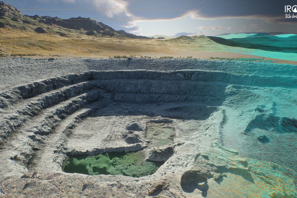 3D render of an open-pit mine with benched walls, the pit partly filled with water and a survey mesh overlaid across the far slope