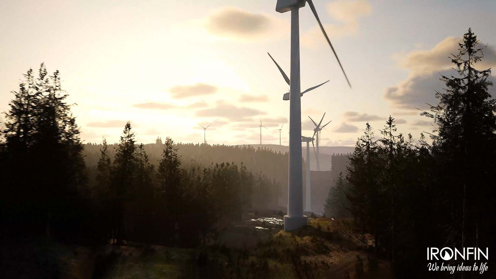 Proposed wind turbine on a forested Ontario ridge at sunset, with further turbines on the horizon behind it