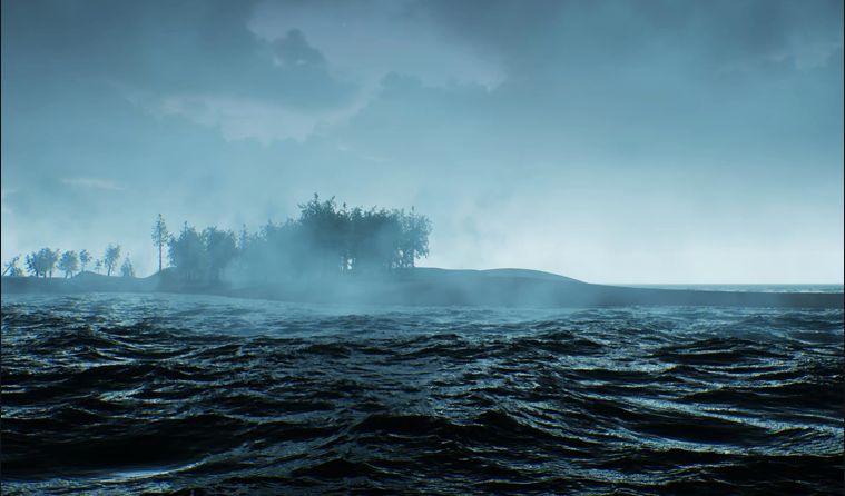 Simulated open water under mist, with a low island and shoreline in the middle distance
